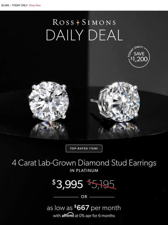 Save $1，200 on our TOP–RATED 4 carat lab-grown diamond studs in platinum