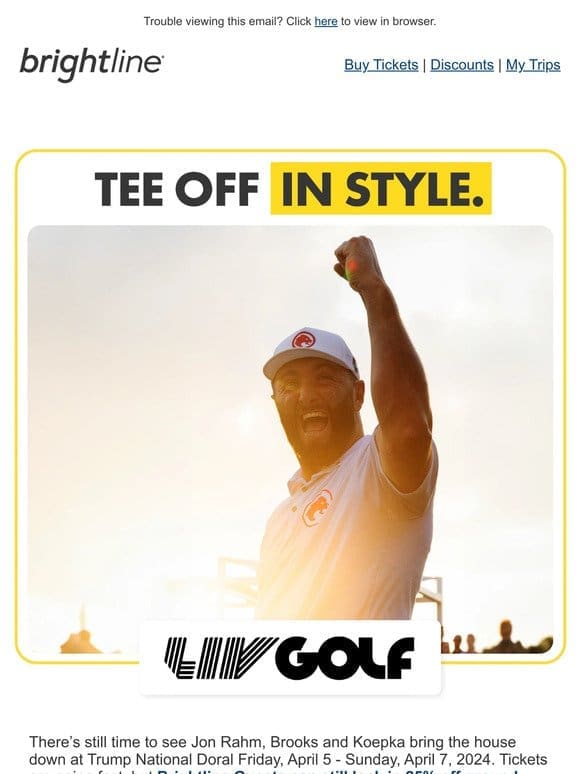 Save 25% on LIV Golf Miami + 10% off VIP pass.
