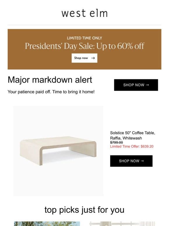 Solstice Coffee Table (44″-50″) is on *sale* but going fast + up to 60% off Presidents’ Day Sale!