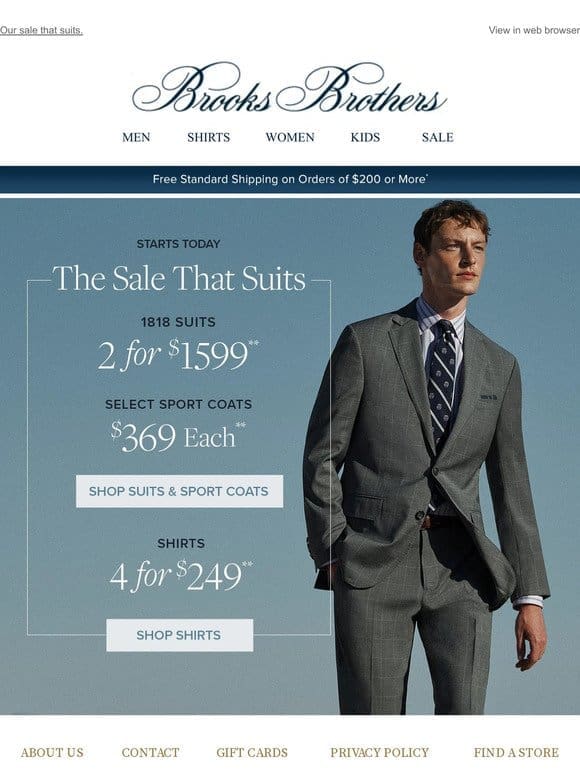 Starts now! 1818 suits 2 for $1599， $369 sport coats & 4 shirts for $249