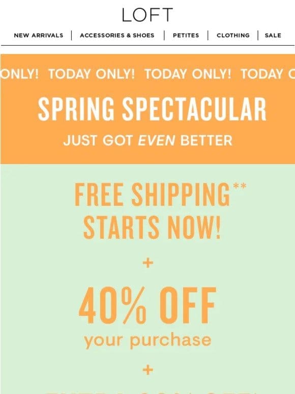 TODAY ONLY: FREE shipping + 40% off + extra 20% off!