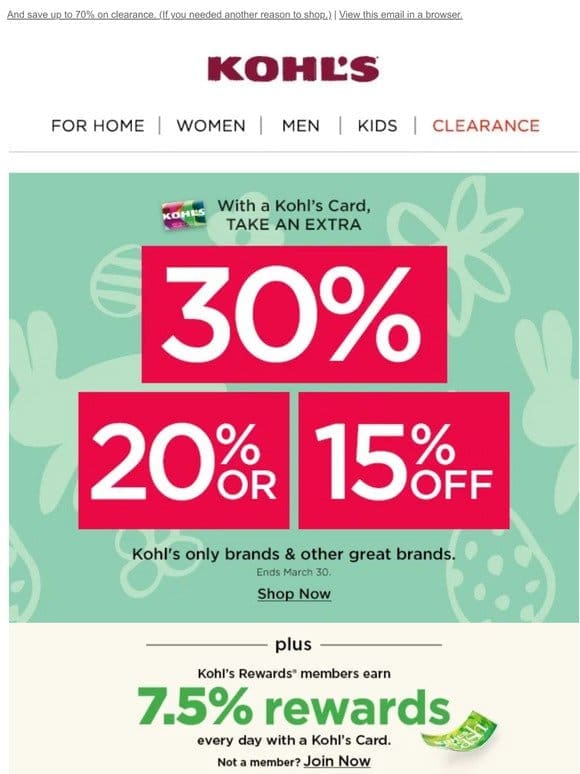 Take 30%， 20% or 15% + get Kohl’s Cash! A shopping trip is calling your name