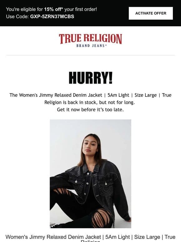 The Women’s Jimmy Relaxed Denim Jacket | 5Am Light | Size Large | True Religion is back! Limited quantity!