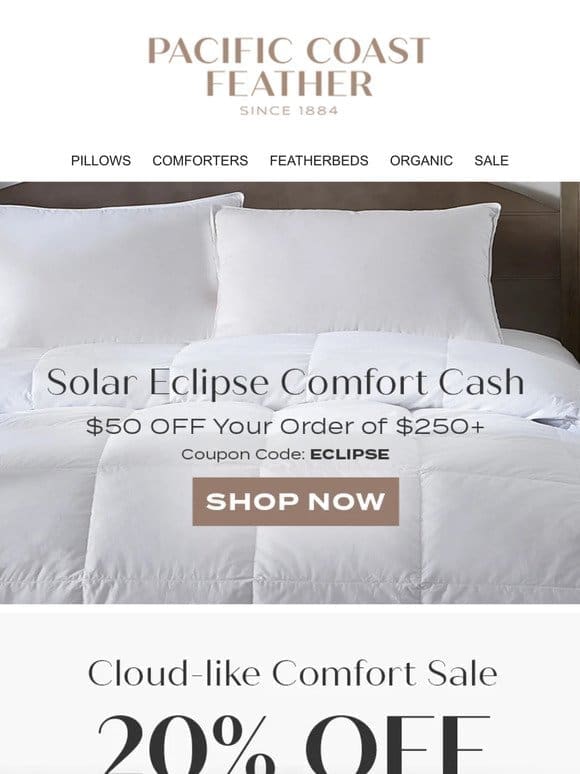 This Just in! Solar Eclipse Comfort Cash: $50 OFF Your Next Order