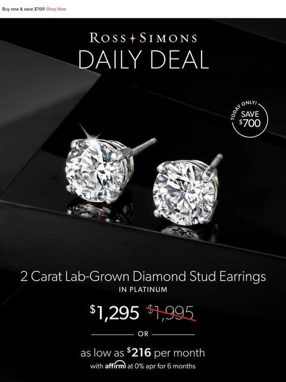 Today only – $1，295 for our 2 carat lab-grown diamond studs in platinum