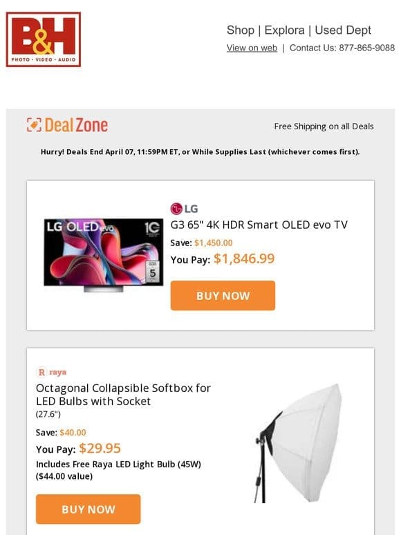 Today’s Deals: LG 65″ 4K HDR Smart OLED evo TV， Raya Octagonal Collapsible Softbox for LED Bulbs w/ Socket， Benro ArcaSmart 360 Dual Plate， Manfrotto PIXI Mini Table Top Tripod & More