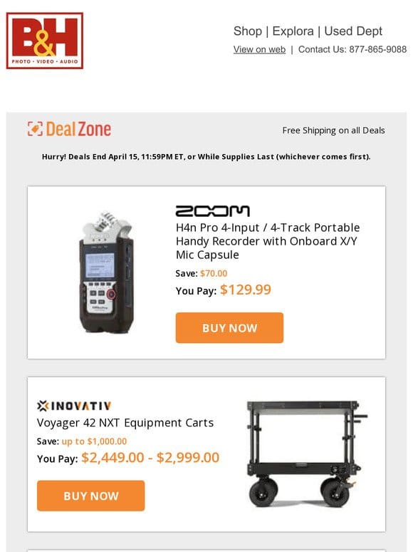 Today’s Deals: Zoom H4n Pro Portable Handy Recorder， Inovativ Voyager Equipment Carts， Sachtler aktiv8 flowtech75 Tripod System， PortaBrace Bags & Cases & More