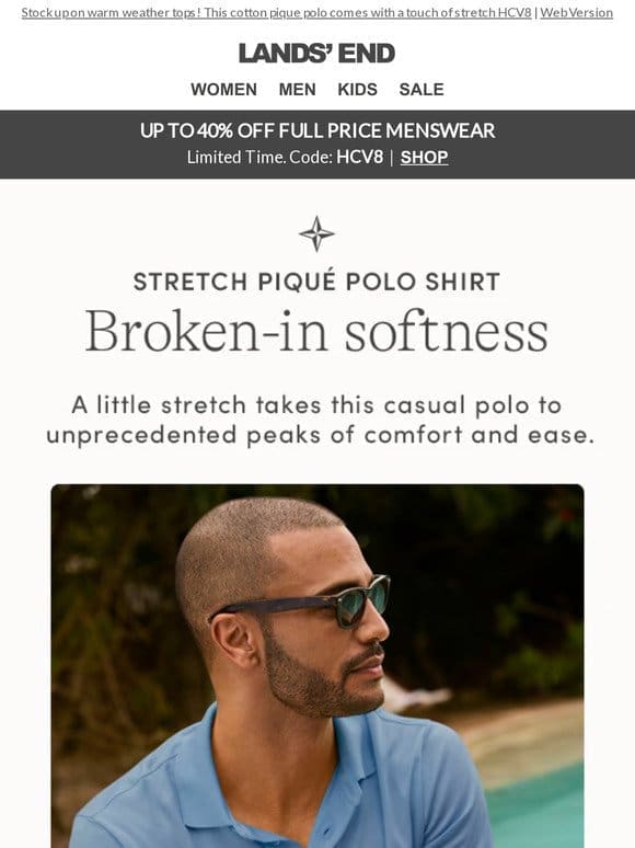 Up to 40% OFF Men’s New Season， incl. polos
