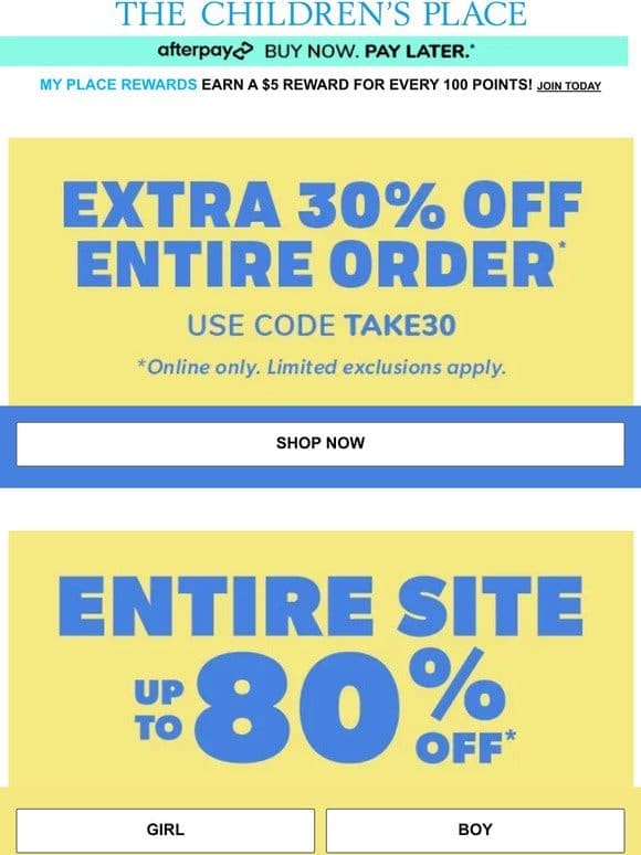 Up to 80% OFF ENTIRE SITE (w/ EXTRA 30% OFF!) Use code TAKE30 now at checkout!