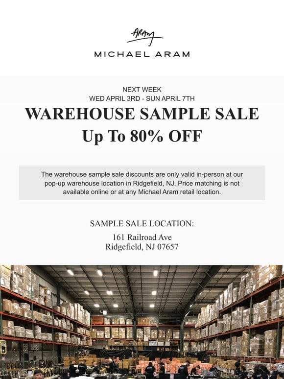 Up to 80% OFF – Warehouse Sample Sale!