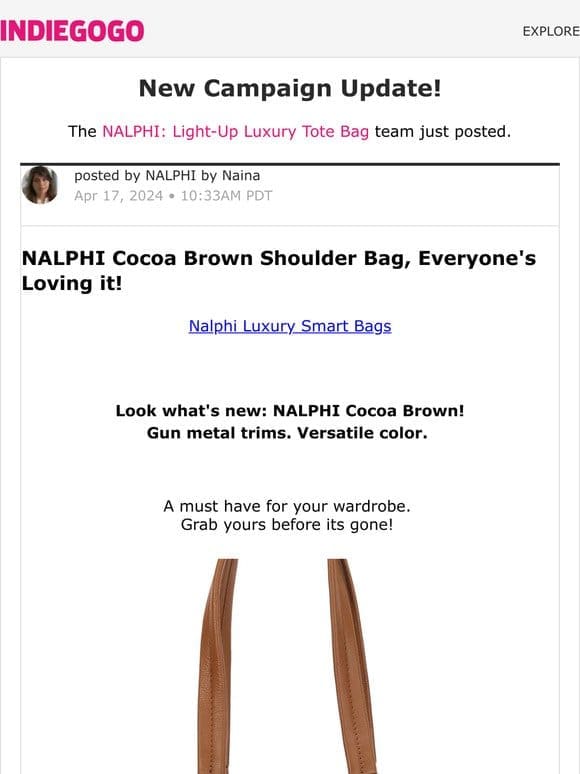Update #26 from NALPHI: Light-Up Luxury Tote Bag