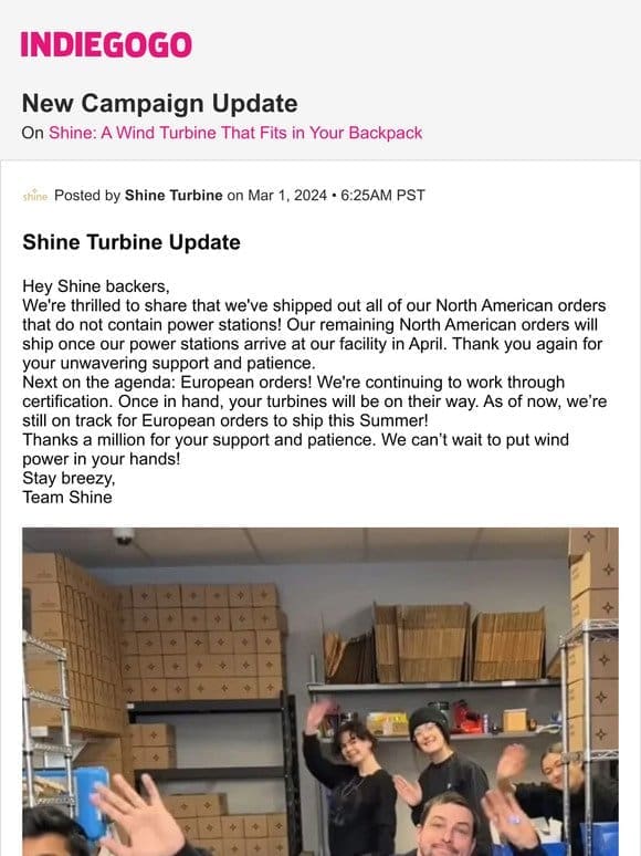 Update #26 from Shine: A Wind Turbine That Fits in Your Backpack