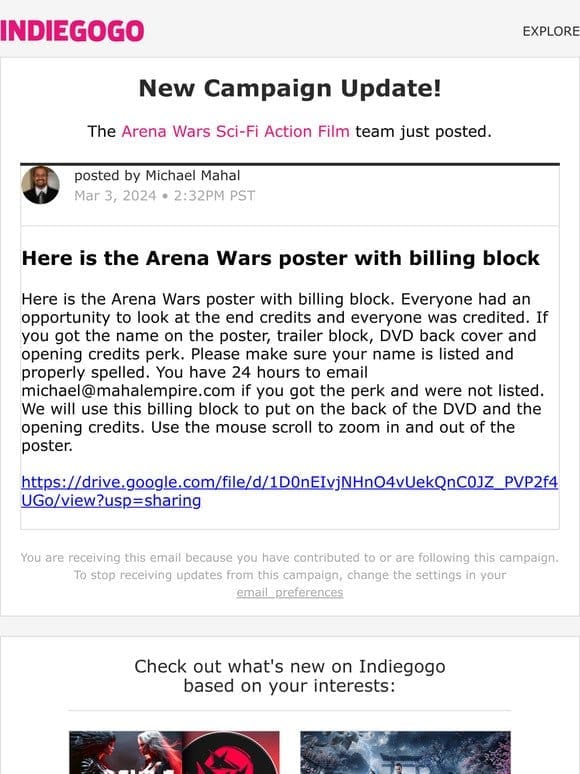 Update #294 from Arena Wars Sci-Fi Action Film