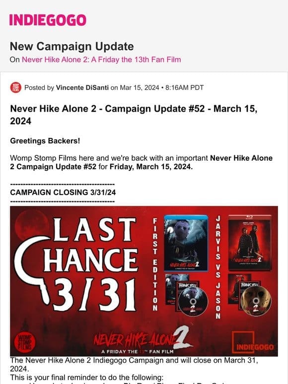 Update #55 from Never Hike Alone 2: A Friday the 13th Fan Film