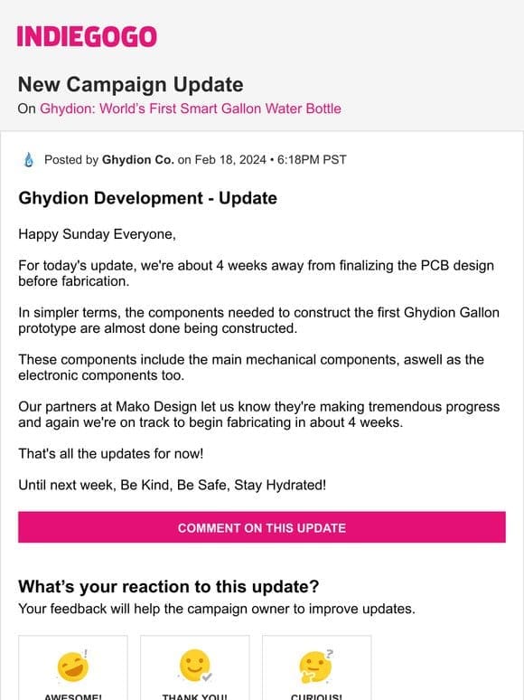 Update #84 from Ghydion: World’s First Smart Gallon Water Bottle