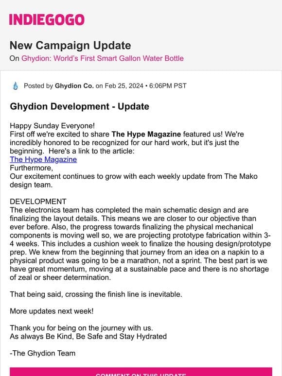 Update #85 from Ghydion: World’s First Smart Gallon Water Bottle
