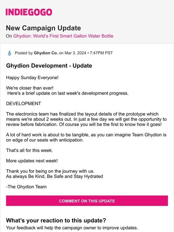 Update #86 from Ghydion: World’s First Smart Gallon Water Bottle