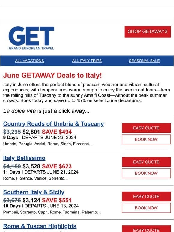 Visit Italy this June. Save up to $970 per person.