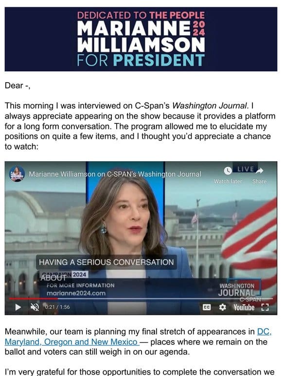 Watch Marianne On Washington Journal C-SPAN