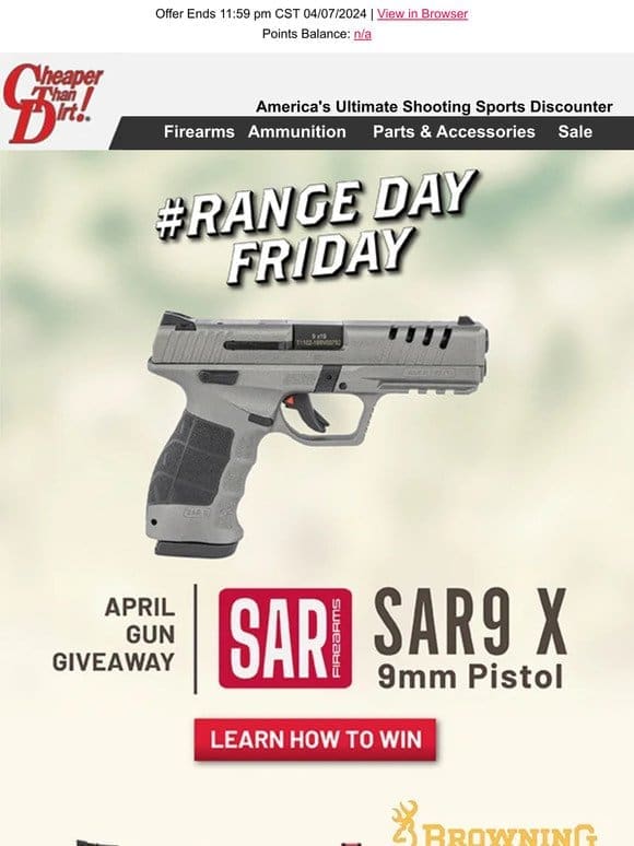 Win This SAR9 X Pistol with #RangeDayFriday and .22 LR Deals