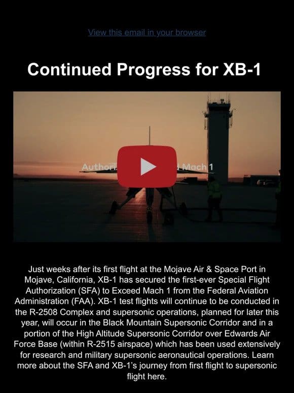 XB-1 Receives Special Flight Authorization to Exceed Mach 1