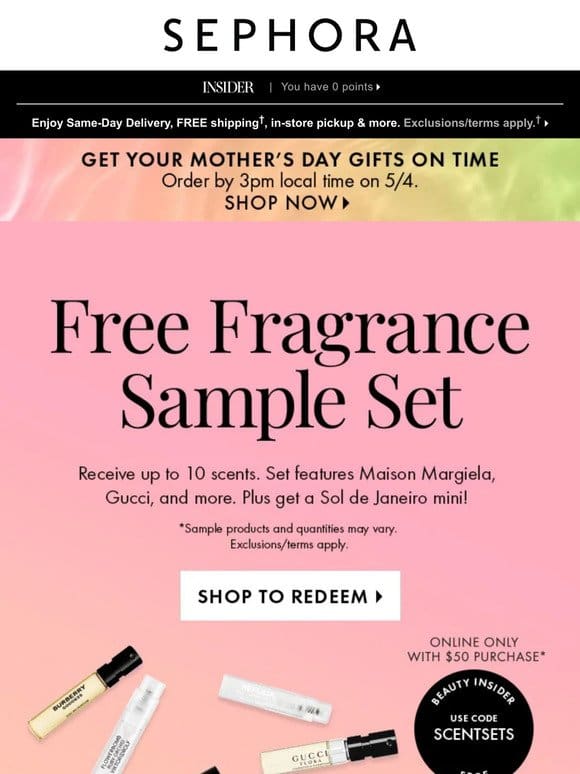 Your FREE fragrance sample set is here   Min. spend required.