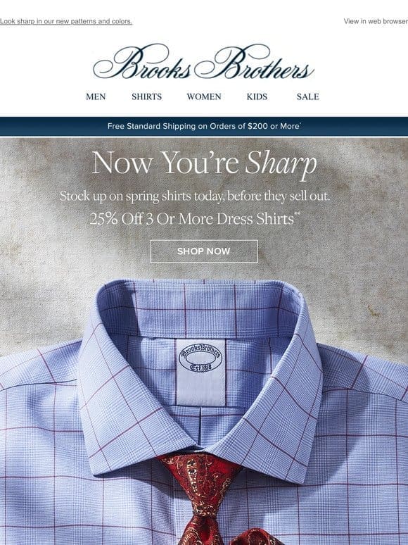 Your new dress shirts—now 25% off 3 or more