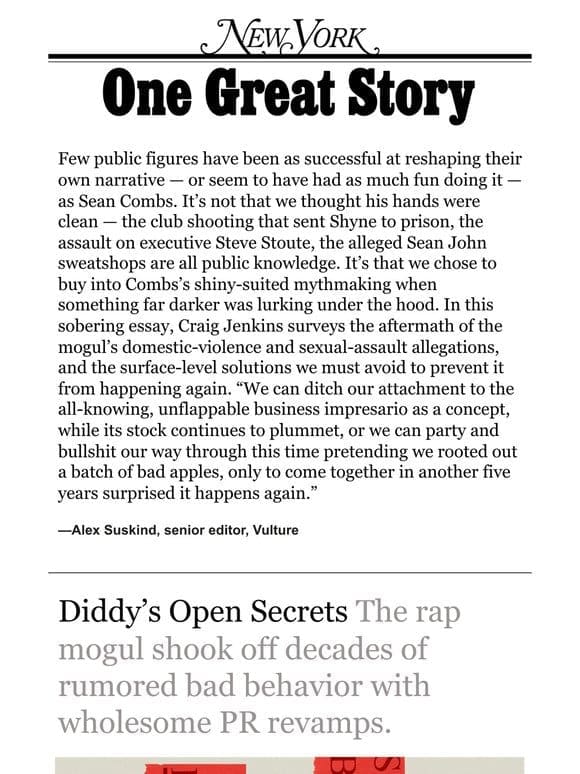 ‘Diddy’s Open Secrets，’ by Craig Jenkins