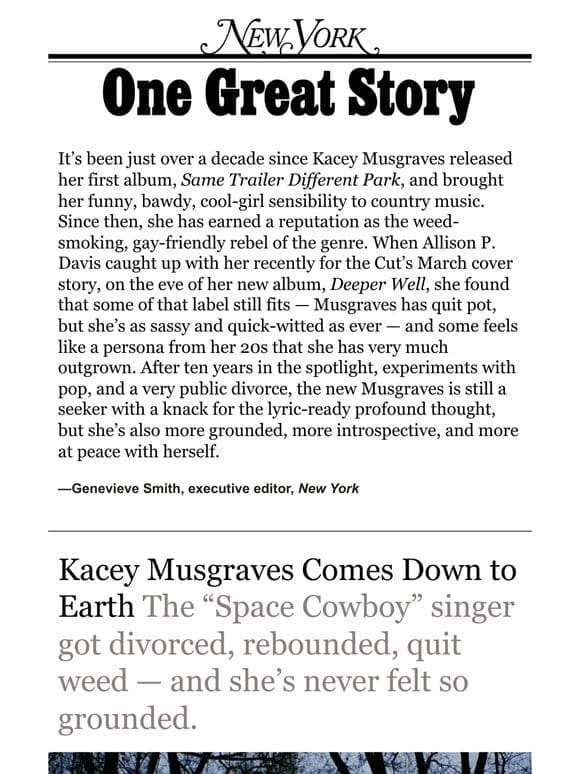 ‘Kacey Musgraves Comes Down to Earth，’ by Allison P. Davis