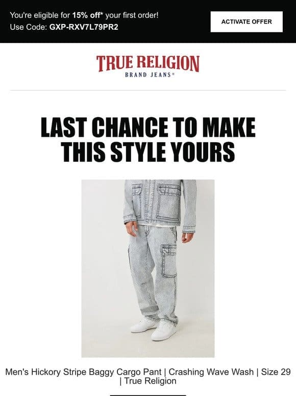⌛ Last chance to get 15% off the Men’s Hickory Stripe Baggy Cargo Pant | Crashing Wave Wash | Size 29 | True Religion! ⌛