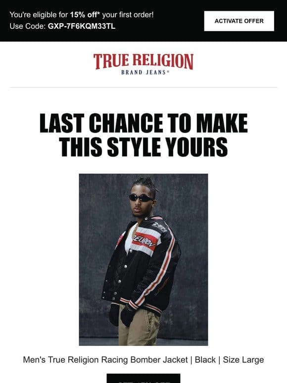 ⌛ Last chance to get 15% off the Men’s True Religion Racing Bomber Jacket | Black | Size Large! ⌛