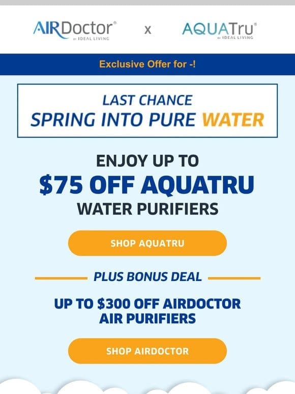 ⏰ Last hours: All AquaTru & AirDoctor purifiers on sale!