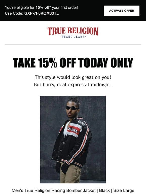 ⏰ Surprise， 15% offer extended! Buy Men’s True Religion Racing Bomber Jacket | Black | Size Large Now ⏰