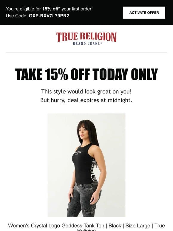 ⏰ Surprise， 15% offer extended! Buy Women’s Crystal Logo Goddess Tank Top | Black | Size Large | True Religion Now ⏰