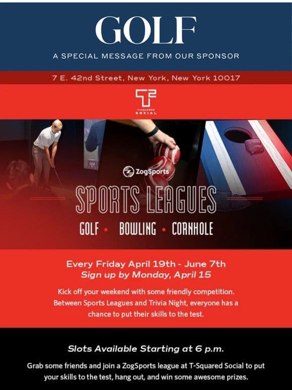 ️‍♂️ Join a League at T-Squared Social: Golf， Bowling， Cornhole