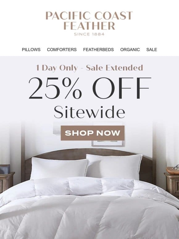 1 DAY ONLY! 25% OFF Sitewide Extended!
