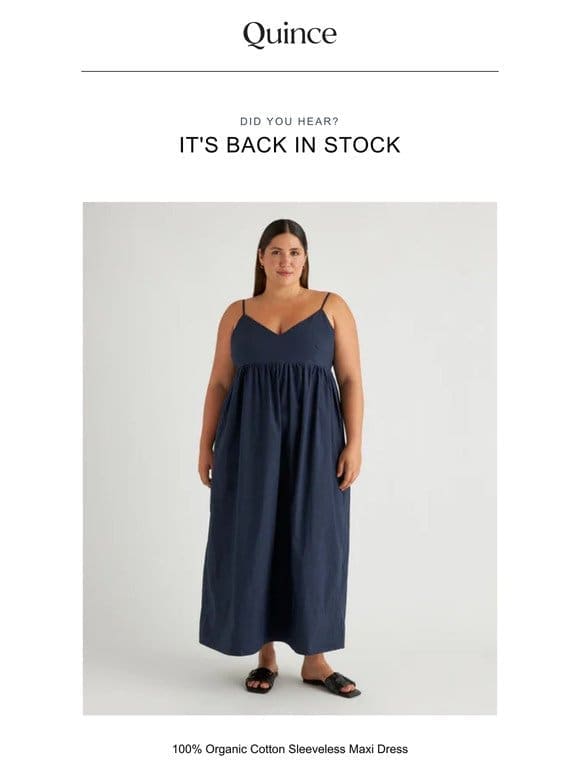 100% Organic Cotton Sleeveless Maxi Dress is back in stock