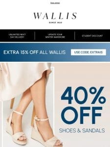 40% off shoes and sandals + an EXTRA 15% off
