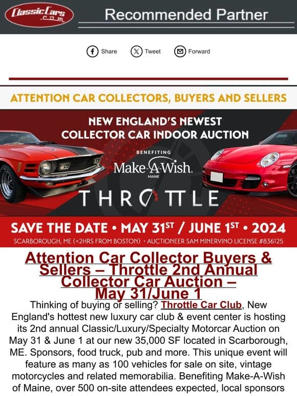 Attention Car Collector Buyers & Sellers – June 1st Event!
