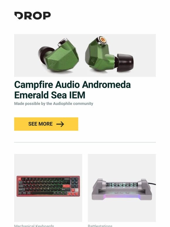 Campfire Audio Andromeda Emerald Sea IEM， YUNZII AL71 CNC Aluminum Mechanical Keyboard， SLCreate Aluminum VFD Clock and more…