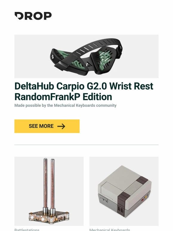 DeltaHub Carpio G2.0 Wrist Rest RandomFrankP Edition， Douk Audio VU9 Pixie Tube Audio Spectrum， MMi Keycaps Retro TV Console Artisan Keycap and more…