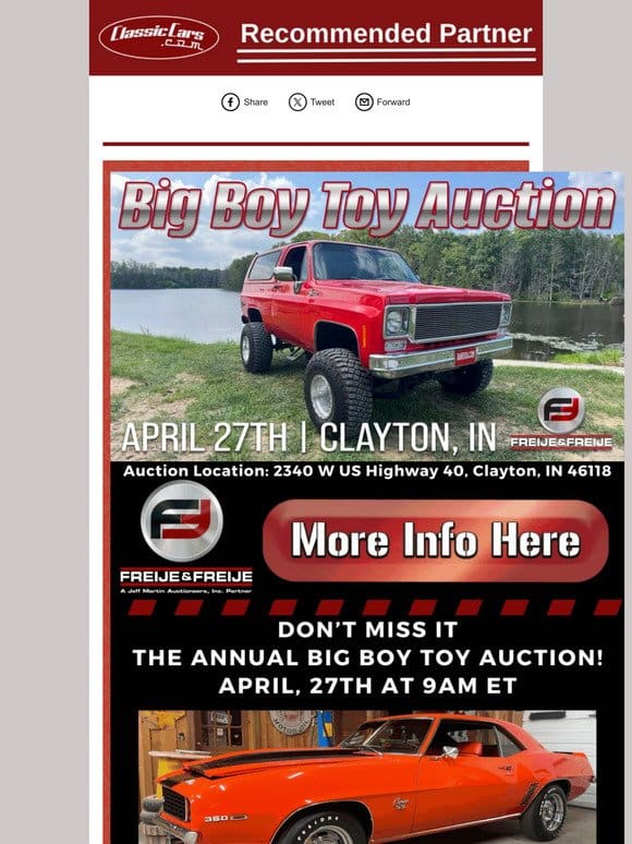 Don’t Miss Freije & Freije Auctioneers’ Annual Spring Big Boy Toy Auction April 27th at 9 AM ET | Clayton， IN