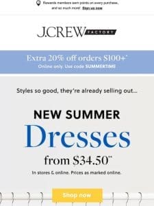 Dresses from $34.50: one-shoulder midis， classic shirtdresses & more! (Plus， extra 20% off.)