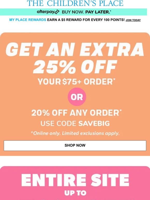 EXTRA 25% OFF your $75+ order with sitewide savings up to 70% OFF is YOURS ??