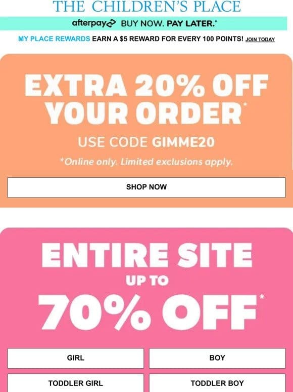 EXTRA SAVINGS: EXTRA 20% OFF EVERYTHING w/code GIMME20， up to 70% off SITEWIDE!