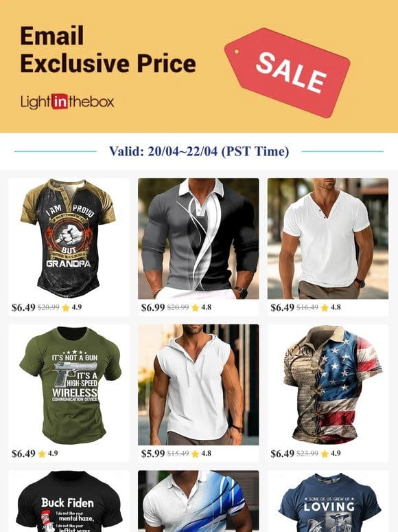 Email Exclusive-Get Men’s Henley T Shirt at USD $6.49