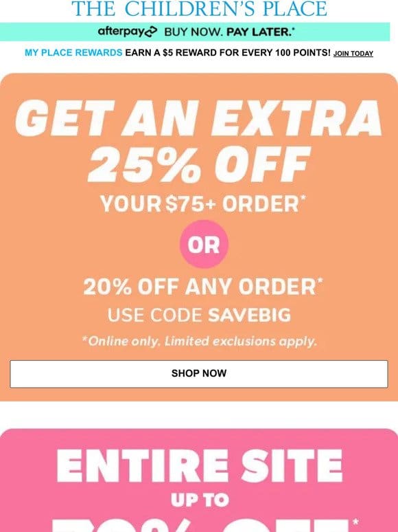 Ends Soon: Extra 25% OFF your $75+ order， up to 70% OFF SITEWIDE SAVINGS!