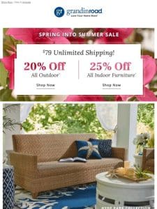 Enjoy 20% off all Outdoor & $79 unlimited shipping