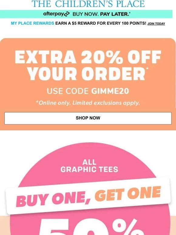 Expires soon: ALL GRAPHIC TEES – BUY one， GET one 50% OFF!