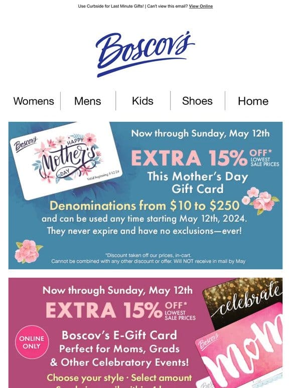 Extra 15% OFF* Mother’s Day Gift Card + E-Gift Card